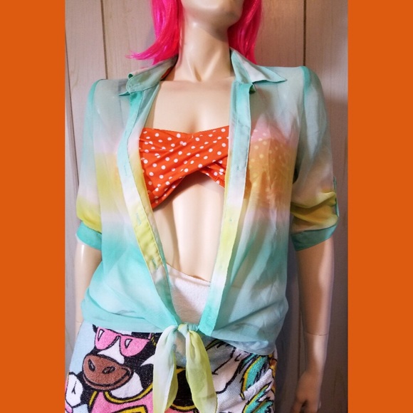 🌈A. BYER Sheer Pastel Rainbow Tie Front Button down Top - Picture 5 of 7